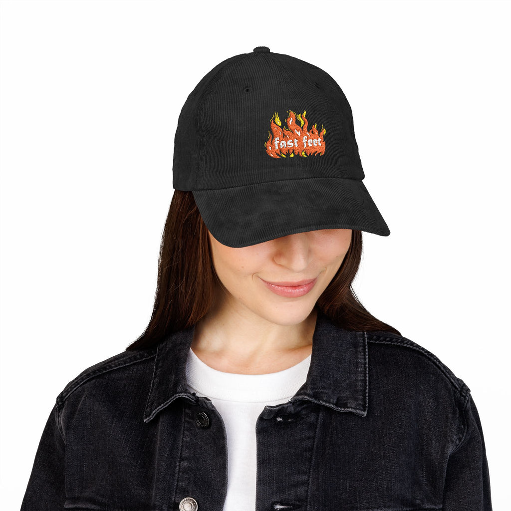 Fast Feet Flames Embroidered Vintage Corduroy Cap - Black